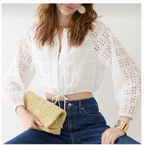 Long-sleeve linen-blend cropped top in eyelet